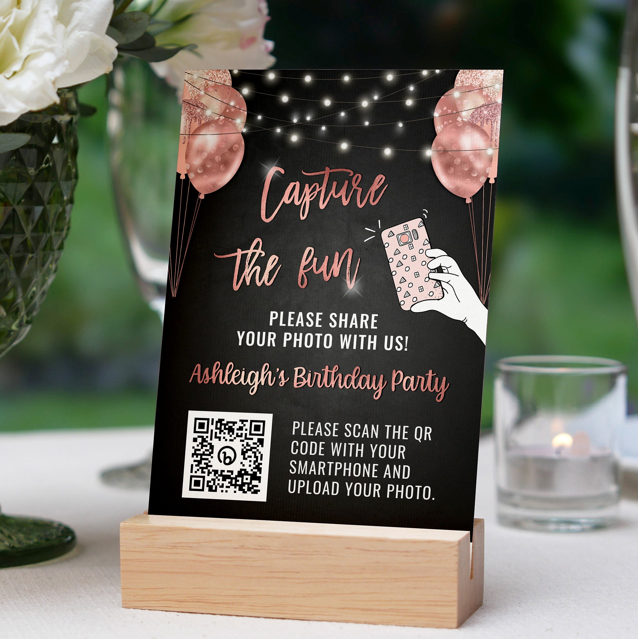 Rose Gold Birthday QR Code Sign Template - Capture the Fun - Digital ...