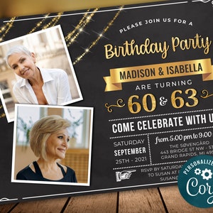 Dual Joint Birthday Photo Invitation Invite Party Photo Invite - Black Gold Digital INSTANT DOWNLOAD 5x7 & 4x6 Editable adult mens womans