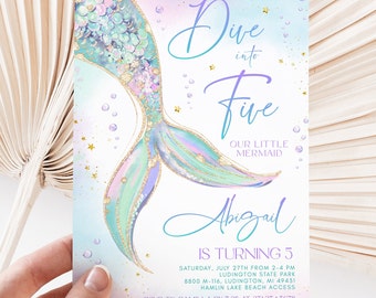 Mermaid Birthday Invitation - Dive into Five - Girl 5th Birthday - Mermaid Party - Editable Digital and Printable - 1620BP