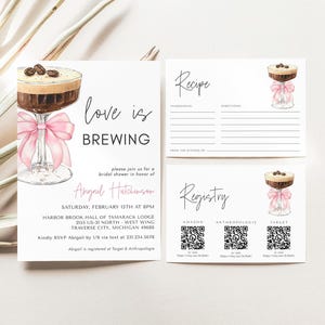 Pink Bow Espresso Martini Bridal Shower Invitation Suite - Love is Brewing - Editable Digital Download 5009E