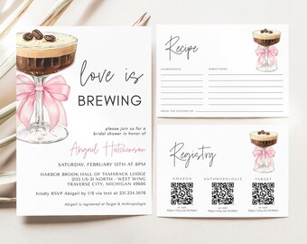 Invitación para despedida de soltera con martini espresso y lazo rosa - El amor se está gestando - Descarga digital editable 5009E