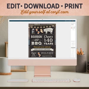 May include: A computer screen displaying a printable invitation for a 40th birthday party. The invitation features a chalkboard background with the text "Bourbon and BBQ Cheers to 40 Years". The invitation also includes a date, time, and location for the party.