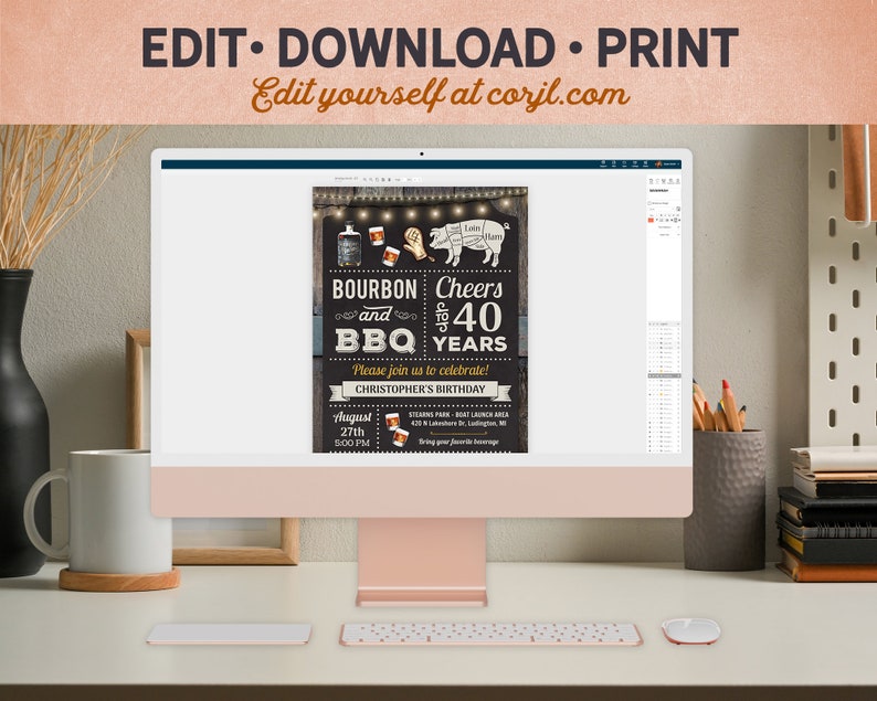 May include: A computer screen displaying a printable invitation for a 40th birthday party. The invitation features a chalkboard background with the text "Bourbon and BBQ Cheers to 40 Years". The invitation also includes a date, time, and location for the party.