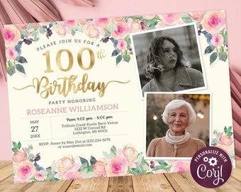 100th Birthday 2 Photo Invitation - Adult ONE HUNDRED Birthday Invite - Gold, Cream &  Blush Pink Floral Digital INSTANT Download - B23C
