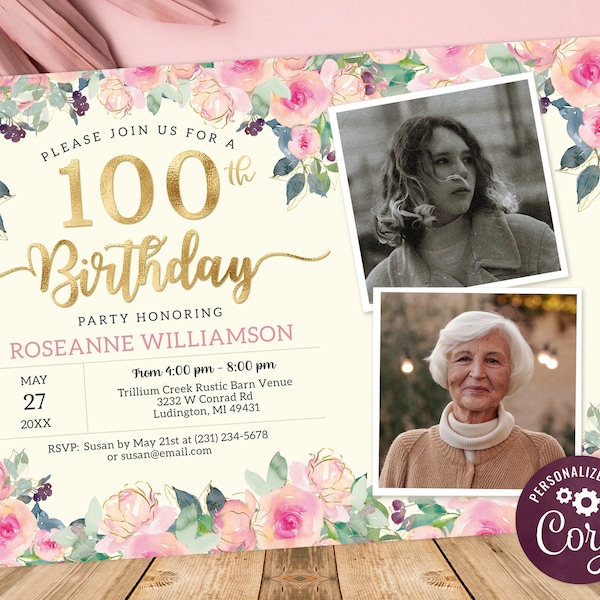 Invitation photo 100e anniversaire 2 - Invitation anniversaire 100 ans adulte - Téléchargement instantané numérique floral or, crème et rose poudré - B23C