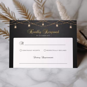 Kaartsjabloon rustieke lichtslingers - RSVP-reactiekaart - bewerkbare digitale download - SE01