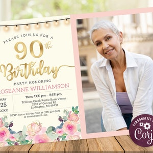 90th Birthday Photo Invitation - Adult NINETY Birthday Invite - Gold, Cream &  Blush Pink Floral Digital INSTANT download Editable - B23C