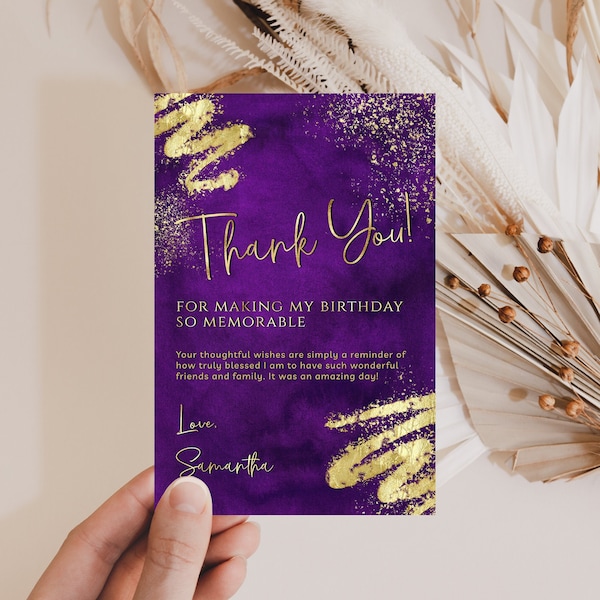 Luxury Purple and Gold Thank You Card Template - Editable Thank You - Ladies Mens Birthday - Digital Download Editable BPG BP141