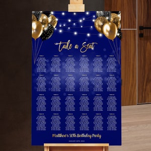 Party Seating Chart Navy Blue and Gold Glitter Lights Party Seating Chart Digital INSTANT download Editable mens womens BPB BGBNB