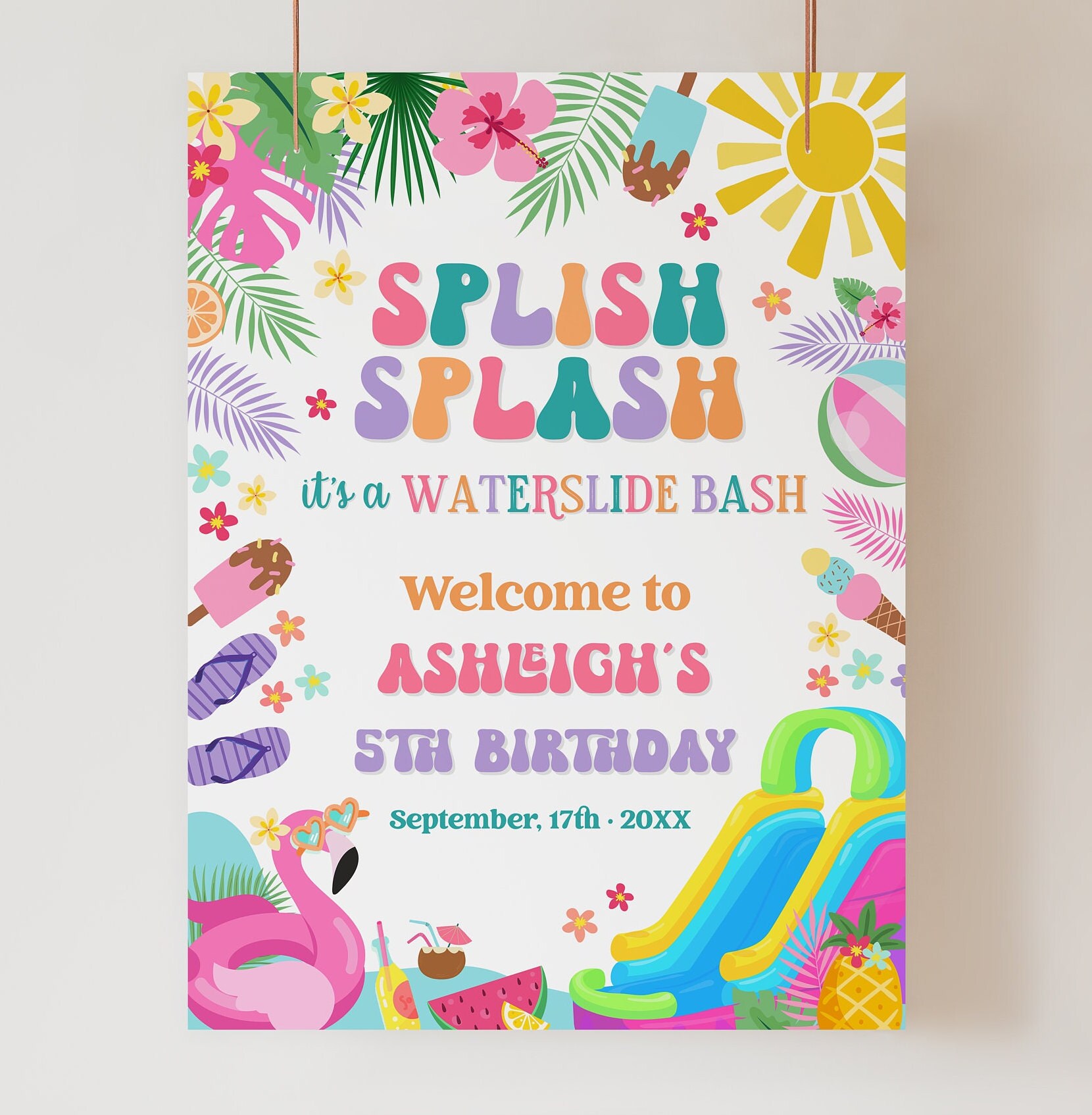 Welcome Splash Text Editable Splish Splash Waterslide Welcome Sign- Tropical Theme Summer ...