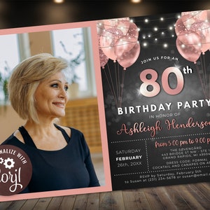 80th Birthday Photo Invitation Editable Rose Gold and Black with Glitter Sparkle Balloons Digital Instant Download Printable BPB BGRG image 1