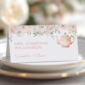 Tea Party Baby Shower Place Card Template - Blush Pink Floral Tea Party - Digital Download 5008-BBS