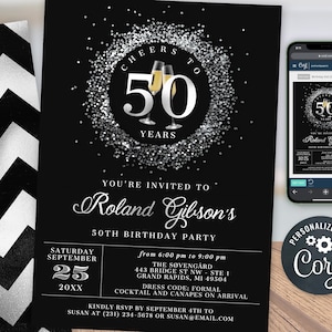 Cheers 50th Birthday Invitation FIFTY Party Silver Glitter Sparkle Champagne Digital Instant Download 5x7 Printable Editable BP108