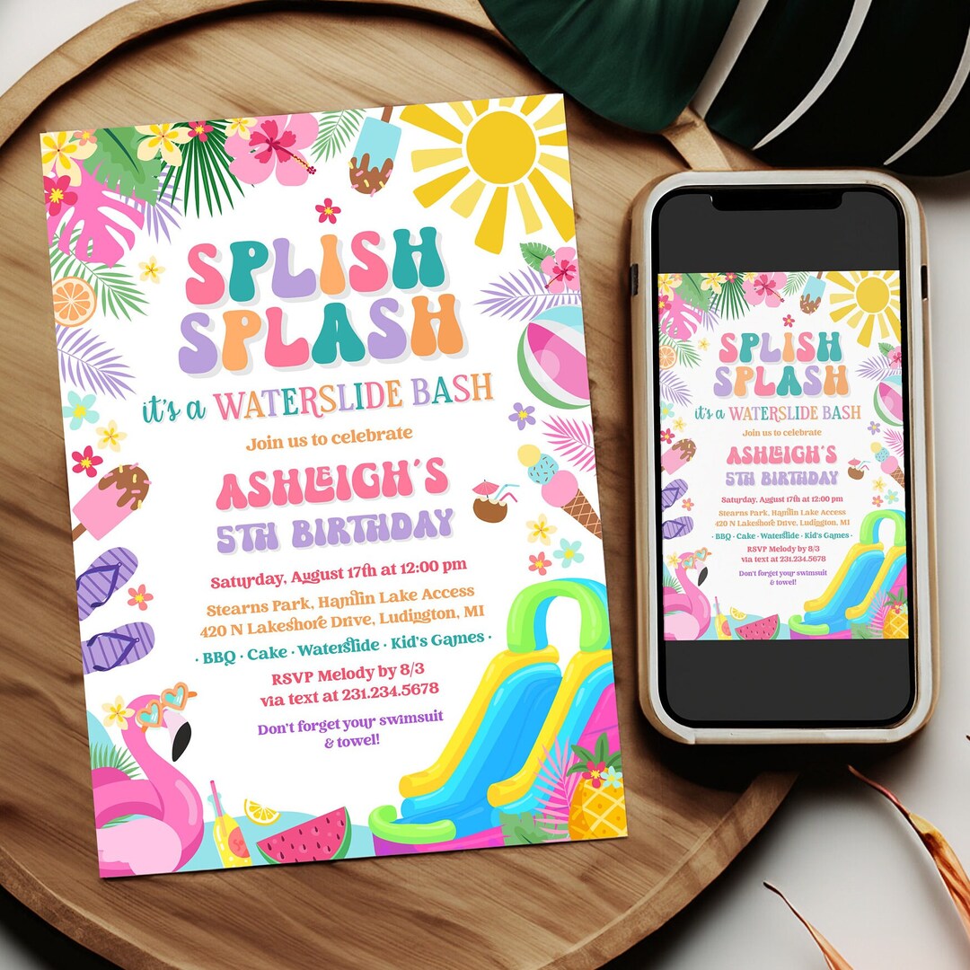 Waterslide Birthday Invitation - Splish Splash Girl Birthday Invite ...