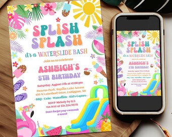May include: A colorful invitation for a water slide party. The invitation features a cartoon water slide, a flamingo, and a watermelon. The text on the invitation reads "Splish Splash it's a Water Slide Bash, Asheigh's 5th Birthday".