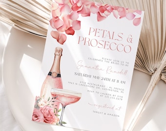 Blütenblätter und Prosecco Brautdusche Einladung - Boho Prosecco Brautdusche - Brautdusche bearbeitbare Vorlage - Sofort Download 1200-1