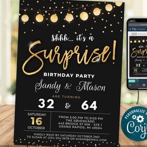 Dual Joint Surprise Birthday Invitation Invite Party ANY AGE Black Gold Glitter Lights Digital INSTANT download 5x7 Editable adult B95
