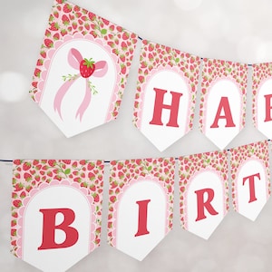 Strawberry Happy Birthday Sign - Bunting Banner Template - Strawberry Birthday Decor - Strawberry Party Decor - 2110