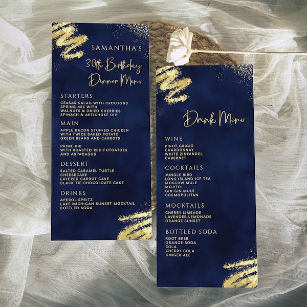 Tarjeta de menú de lujo azul marino y dorado + plantilla de menú de bebidas - Descarga instantánea digital editable BPG BP140