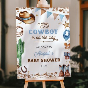 Modello di cartello di benvenuto per baby shower da cowboy - Tema baby shower per bambini - Un piccolo cowboy è in arrivo - Download digitale modificabile 5020-BBS