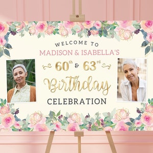 Dual Joint Double Birthday 2 Photo Editable Welcome Sign - Gold, Cream & Blush Pink Floral Digital INSTANT download Editable - B23C