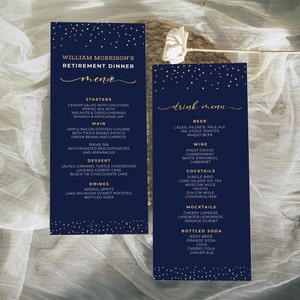 Cartão de menu azul marinho e dourado - modelo de menu e modelo de menu de bebidas para eventos, download digital instantâneo, imprimível e editável - RT1517