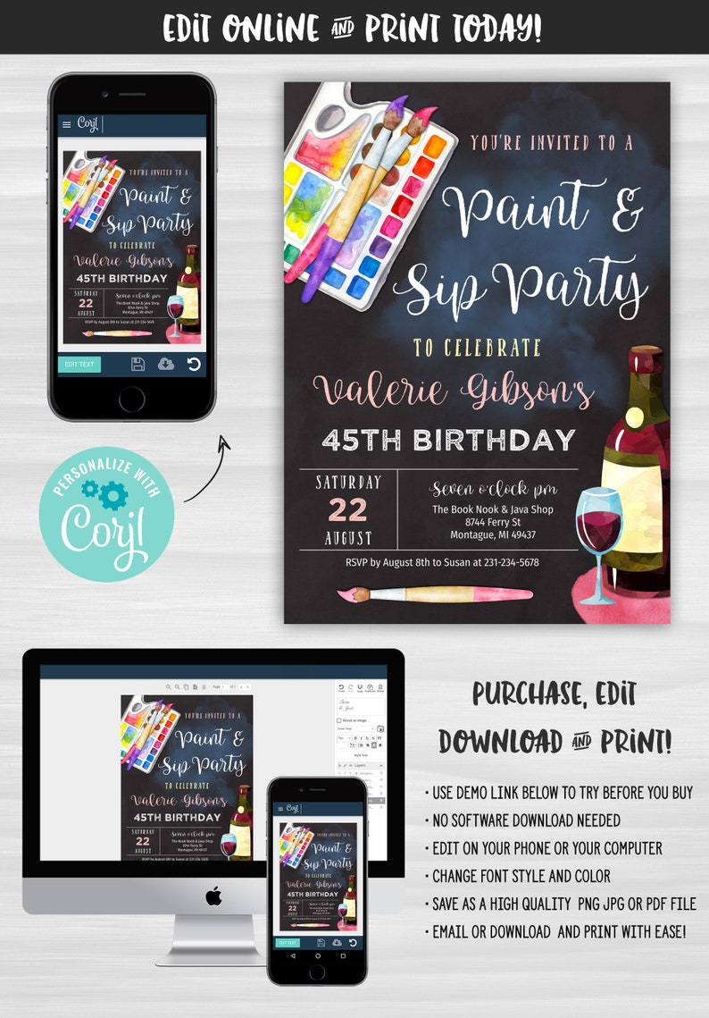 Paint and Sip Invite Adult Paint Party Invitation Wine Etsy