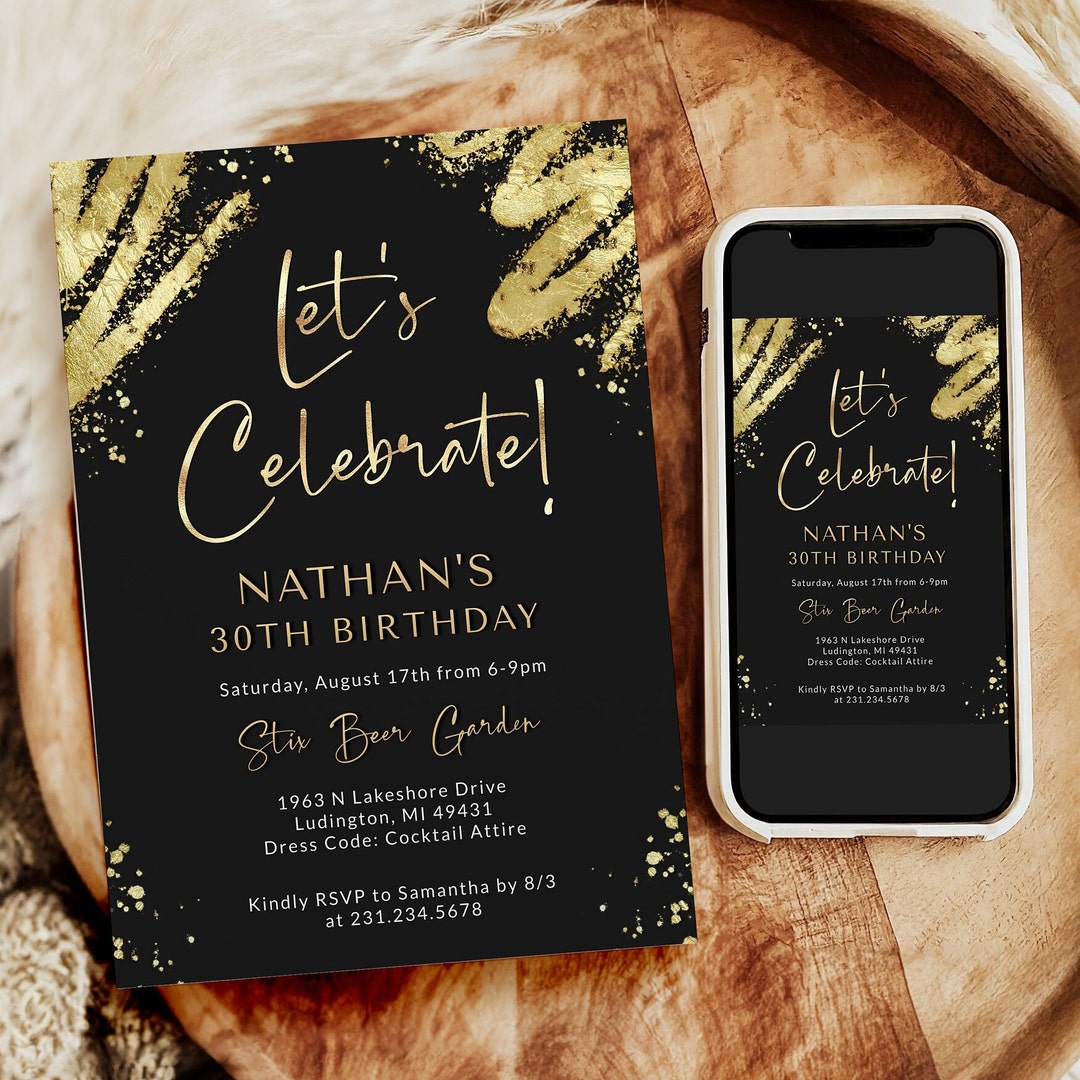 Editable Birthday Invitation Template - Black and Gold - Digital and ...