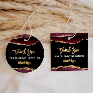Burgundy Red and Gold Favor Tag Template -  Gift Tag Template, Glitter Sparkle Instant Digital Download Editable AGT APBRLG