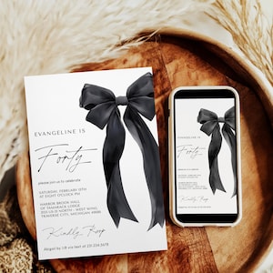 Black Bow Birthday Invitation Template - 40th Birthday Party - Minimalist Black Bow Invite - Editable Digital Download 5011