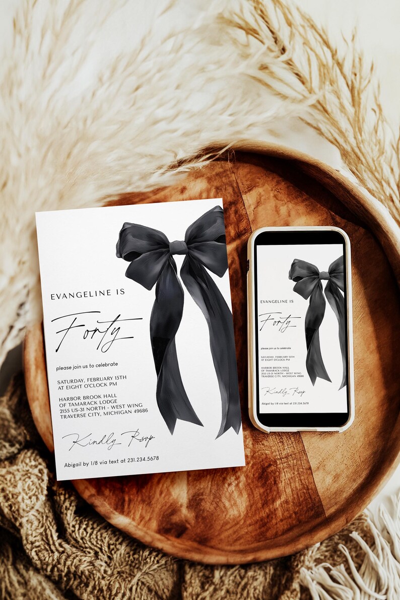 Black Bow Birthday Invitation Template - 40th Birthday Party - Minimalist Black Bow Invite - Editable Digital Download 5011