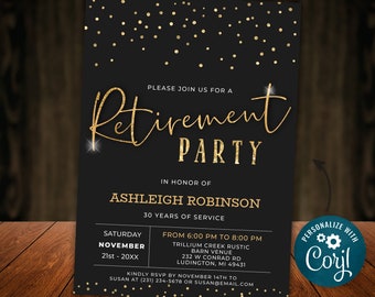 Retirement Party Invitation - Instant DOWNLOAD Personalize & Print Elegant Black White Gold Sparkle Work Retire Mens Man Women Woman RT1517