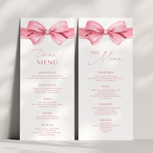 May include: A pink and white wedding menu with a watercolour bow at the top. The menu includes a drinks menu with mocktails, cocktails, beer, wine, and spirits. The food menu includes starters, main courses, dessert, and drinks.