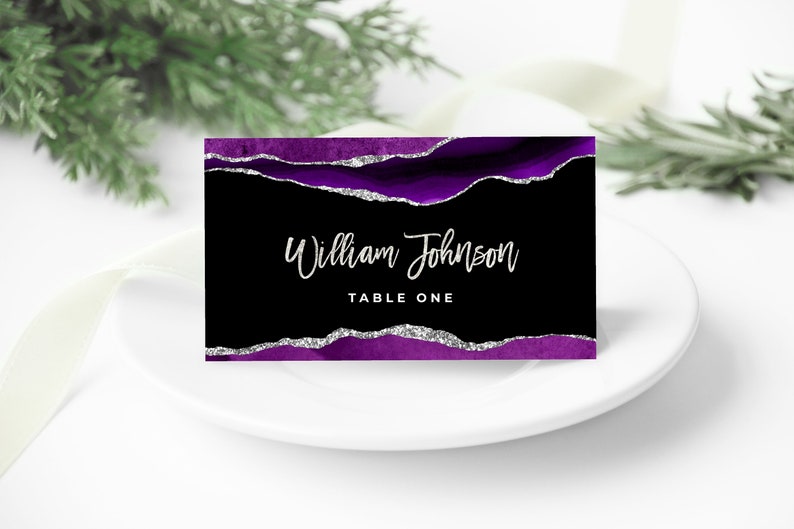 Black Purple and Silver Place Card Template Editable Tent - Etsy