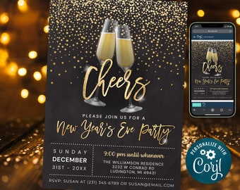 New Years Invitation New Year Party Black and Gold Sparkle New Years Eve Invitation - INSTANT DOWNLOAD Editable NYEP