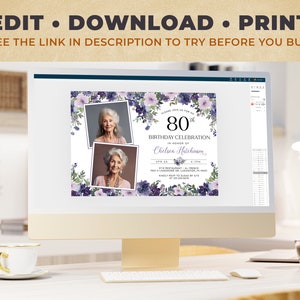 Editable 80th Birthday Photo Invitation - Adult 80th Birthday Invite - Modern Minimalist Feminine Purple Floral Digital Download - B23D