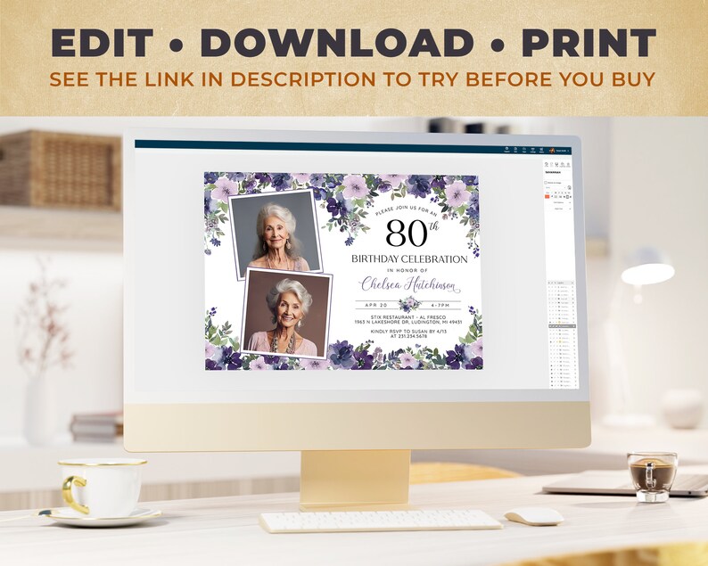 Editable 80th Birthday Photo Invitation - Adult 80th Birthday Invite - Modern Minimalist Feminine Purple Floral Digital Download - B23D