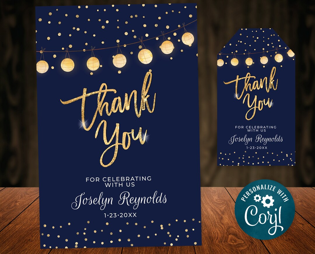 Birthday Thank You Card Editable Template Navy Gold Glitter Lights ...