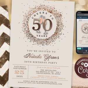 Cheers 50th Birthday Invitation FIFTY Party Pink Champagne Glitter Sparkle Brown Beige Tan Digital Instant Download Editable BP108E