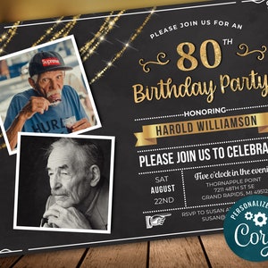 80th Birthday Photo Invitation EIGHTY Invite Party Photo Invite Black Gold - Digital INSTANT DOWNLOAD 5x7 & 4x6 Editable adult mens womans