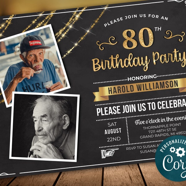 80th Birthday Photo Invitation EIGHTY Invite Party Photo Invite Black Gold - Digital INSTANT DOWNLOAD 5x7 & 4x6 Editable adult mens womans