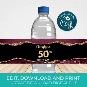 Burgundy & Gold Water Bottle Label Template, Water Wrappers, Birthday Party Favors Editable, Digital Download AGT APBRLG