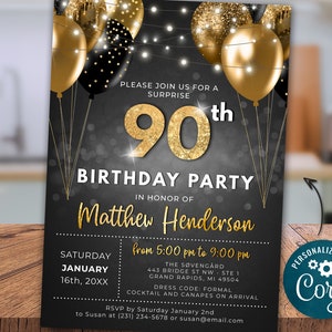 Invito per il 90° compleanno NINETY Party Palloncini scintillanti neri e dorati Download digitale istantaneo 5x7 Stampabile Modificabile BPB BGB