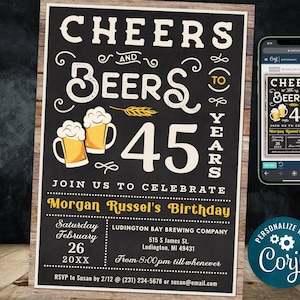 45th Cheers and Beers Birthday Party Invitation Forty Five Wood & Chalkboard Digital INSTANT Download 5x7 Editable CB2 CBBP