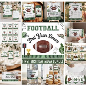 May include: A collection of football-themed party decorations. Includes invitations, banners, cupcake toppers, and water bottle labels. The designs feature a football, helmet, and the text "First Year Down" and "Jackson's First Birthday Party".