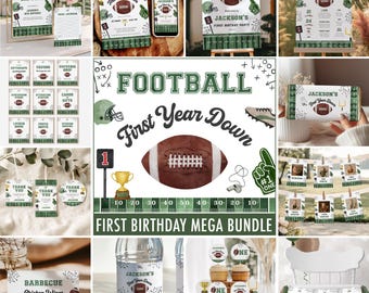 May include: A collection of football-themed party decorations. Includes invitations, banners, cupcake toppers, and water bottle labels. The designs feature a football, helmet, and the text "First Year Down" and "Jackson's First Birthday Party".