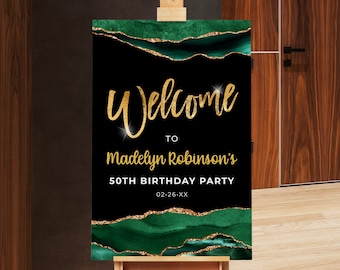Panneau de bienvenue d'anniversaire Poster de bienvenue d'anniversaire noir, vert émeraude et or Téléchargement numérique instantané Imprimable modifiable AGT APBGG