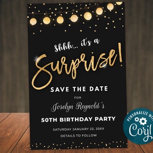 Verrassing verjaardagsfeestje bewaar deze datum uitnodiging zwart goud glitter lichten digitale INSTANT download 4 x 6 bewerkbare volwassen heren dames B95