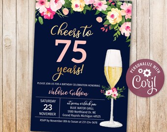 75th Birthday Invitations - Cheers to 75 Years Birthday Party Invite - Floral - Digital INSTANT Download 5x7 Editable adult woman womens