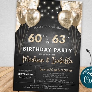 Dual Joint Birthday Invitation Double Birthday, Champagne Gold Glitter Sparkle Balloons Digital Instant Download 5x7 Editable BPB BGCG